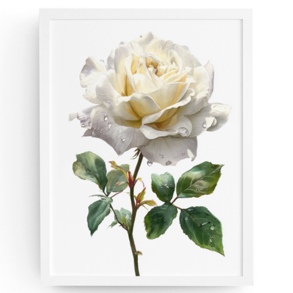 Watercolor Single White Rose Wall Art Print Poster, Unframed - Delicate Floral